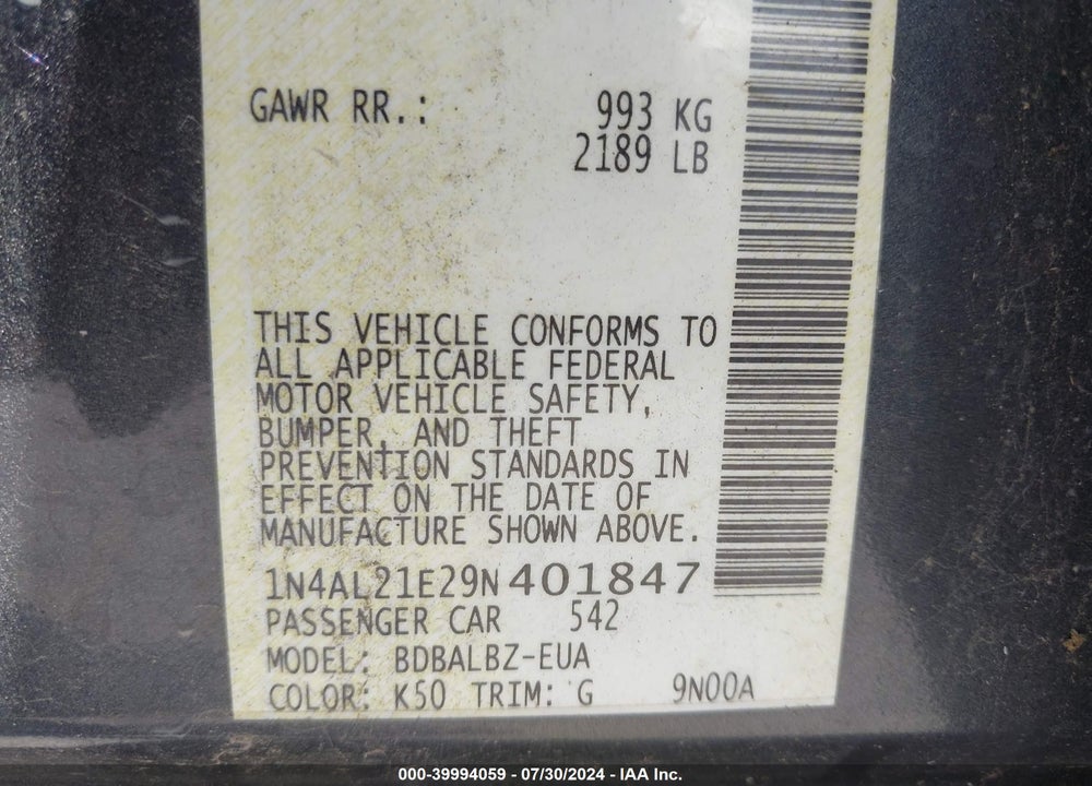 2009 NISSAN ALTIMA 2.5 S VIN: 1N4AL21E29N401847