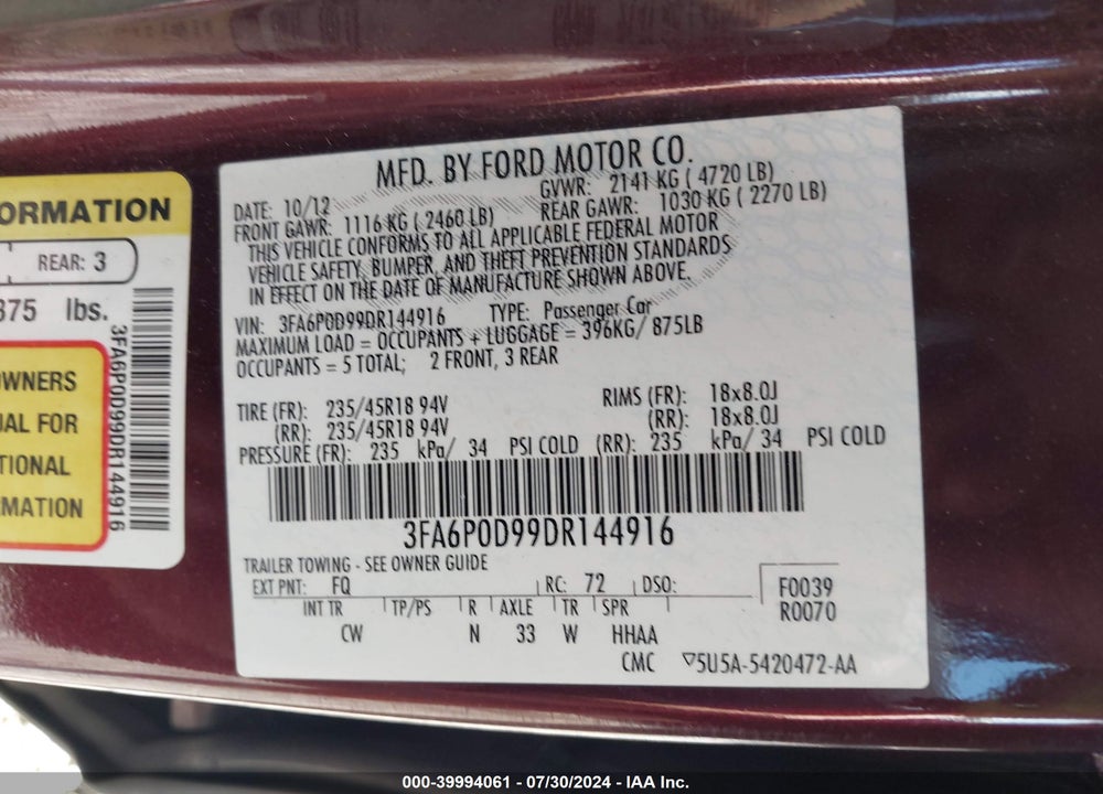 2013 FORD FUSION TITANIUM VIN: 3FA6P0D99DR144916