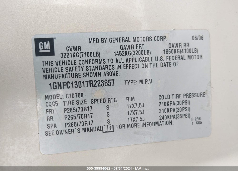 2007 CHEVROLET TAHOE LS/LT/LTZ VIN: 1GNFC13017R223857