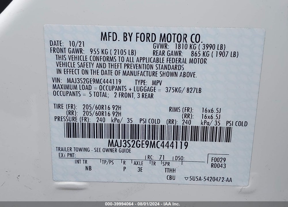 2021 FORD ECOSPORT SE VIN: MAJ3S2GE9MC444119