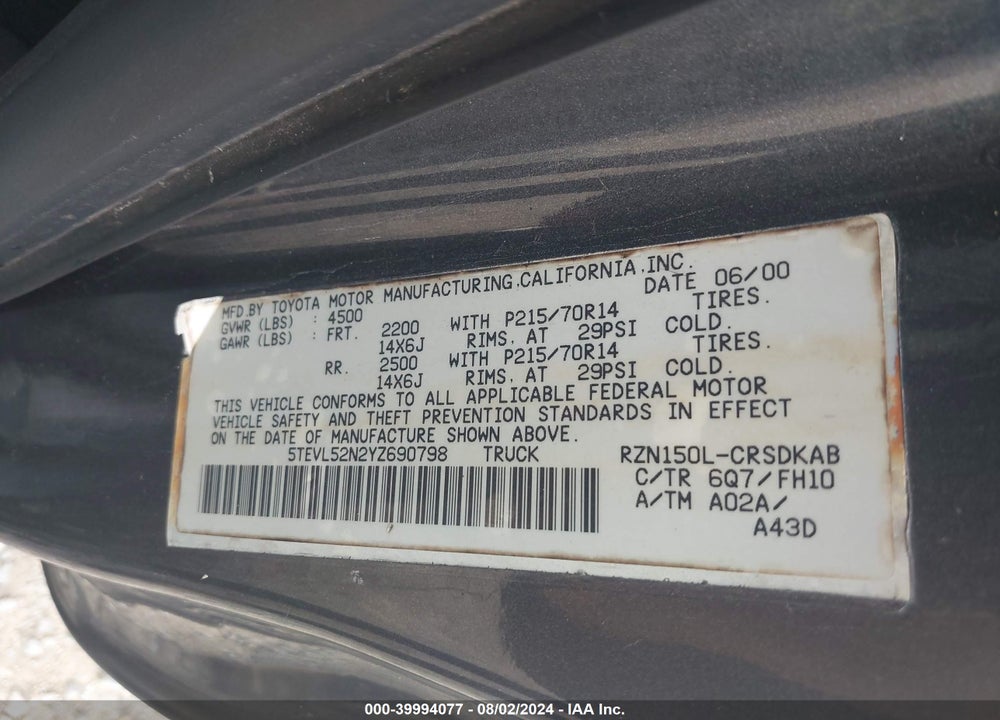 2000 TOYOTA TACOMA VIN: 5TEVL52N2YZ690798
