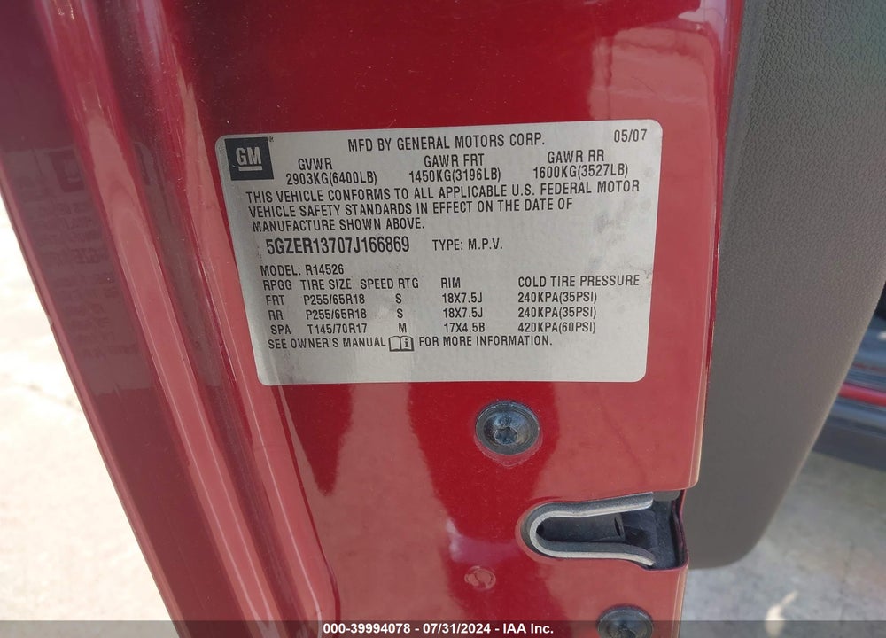 2007 SATURN OUTLOOK XE VIN: 5GZER13707J166869
