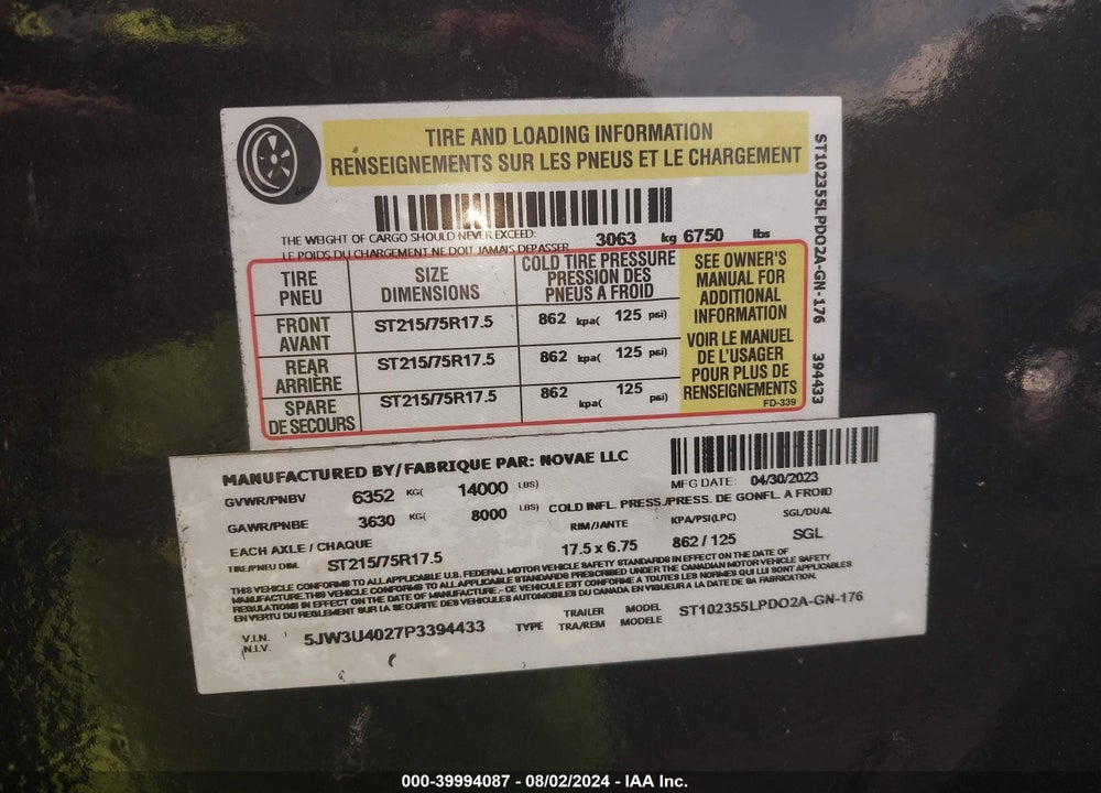 2023 SURE-TRAC UTILITY FLATBED VIN: 5JW3U4027P3394433