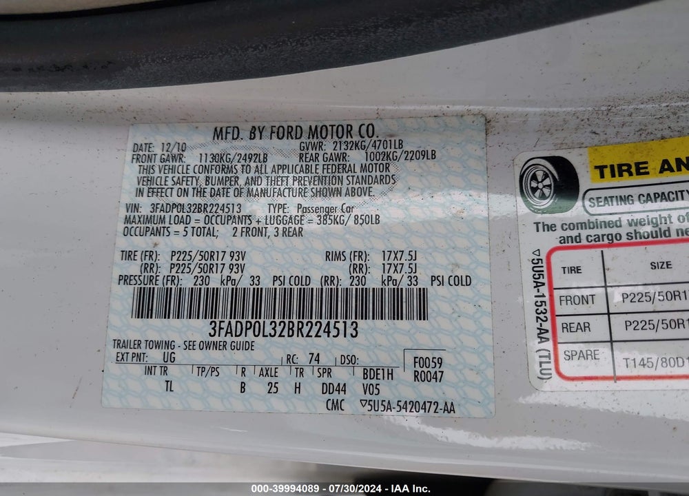 2011 FORD FUSION HYBRID VIN: 3FADP0L32BR224513
