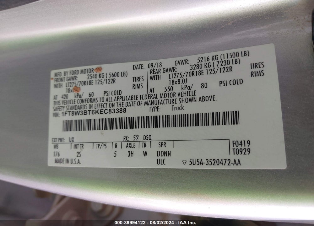 2019 FORD F-350 XLT VIN: 1FT8W3BT6KEC83388