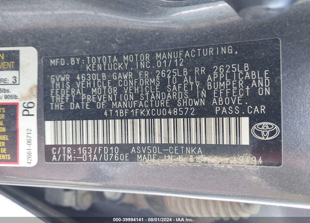 2012 TOYOTA CAMRY VIN: 4T1BF1FKXCU048572