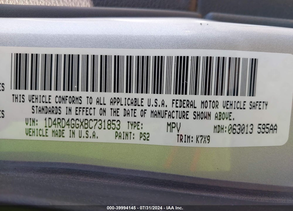 2011 DODGE DURANGO CREW VIN: 1D4RD4GGXBC731853