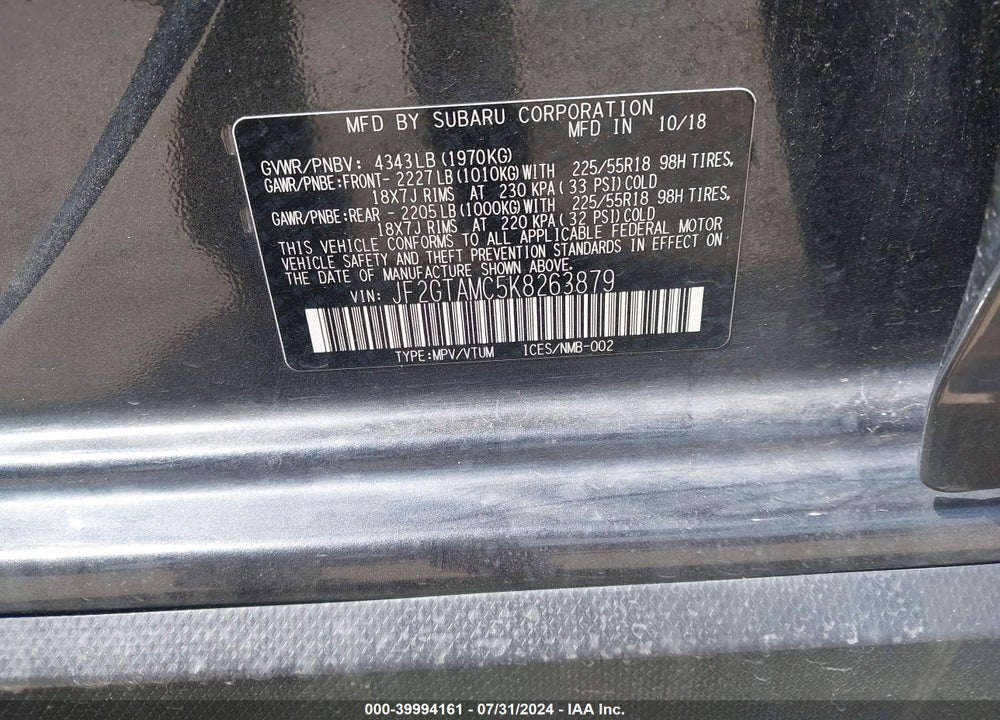 2019 SUBARU CROSSTREK 2.0I LIMITED VIN: JF2GTAMC5K8263879