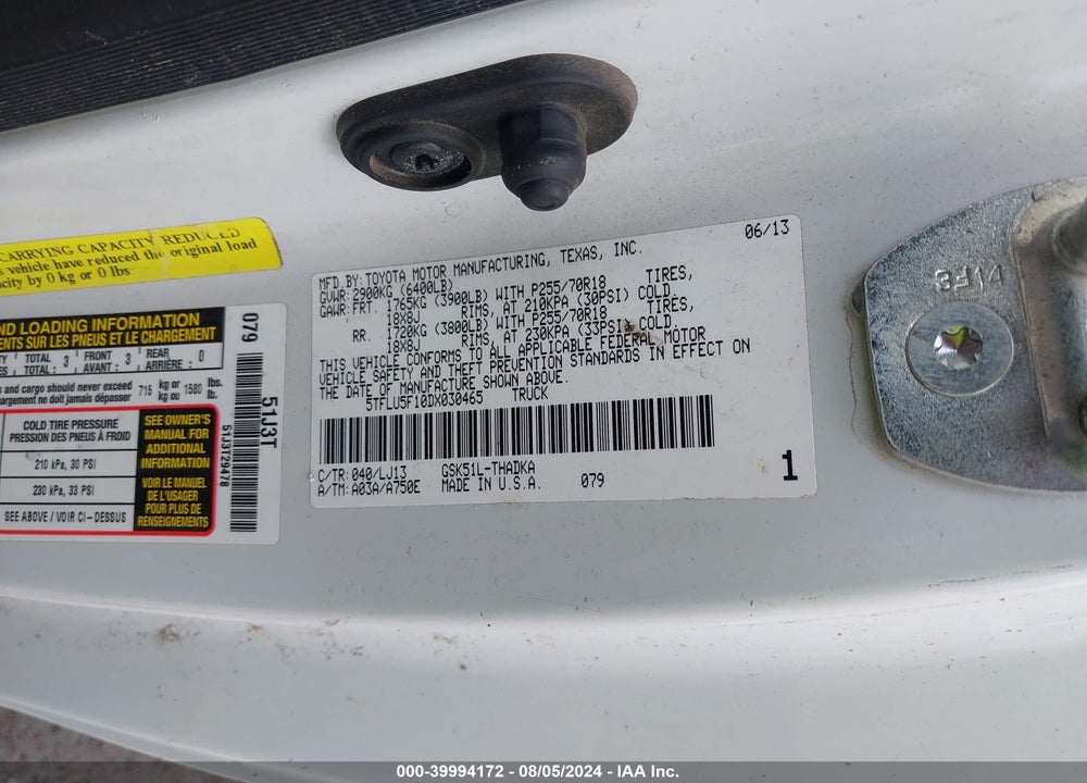 2013 TOYOTA TUNDRA GRADE V6 VIN: 5TFLU5F10DX030465