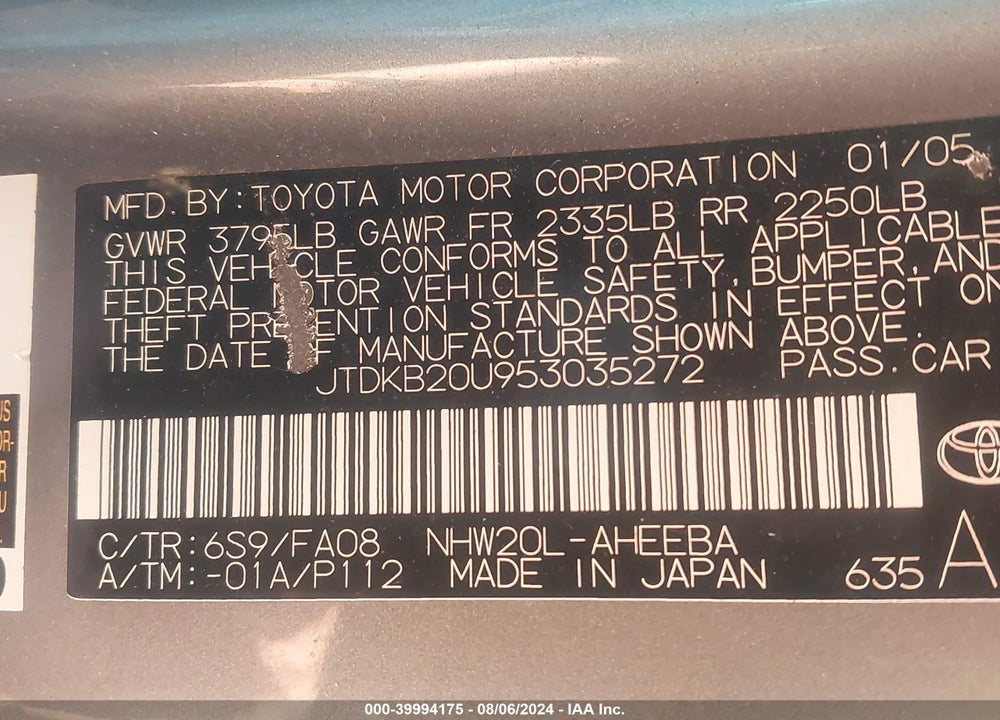 2005 TOYOTA PRIUS VIN: JTDKB20U953035272