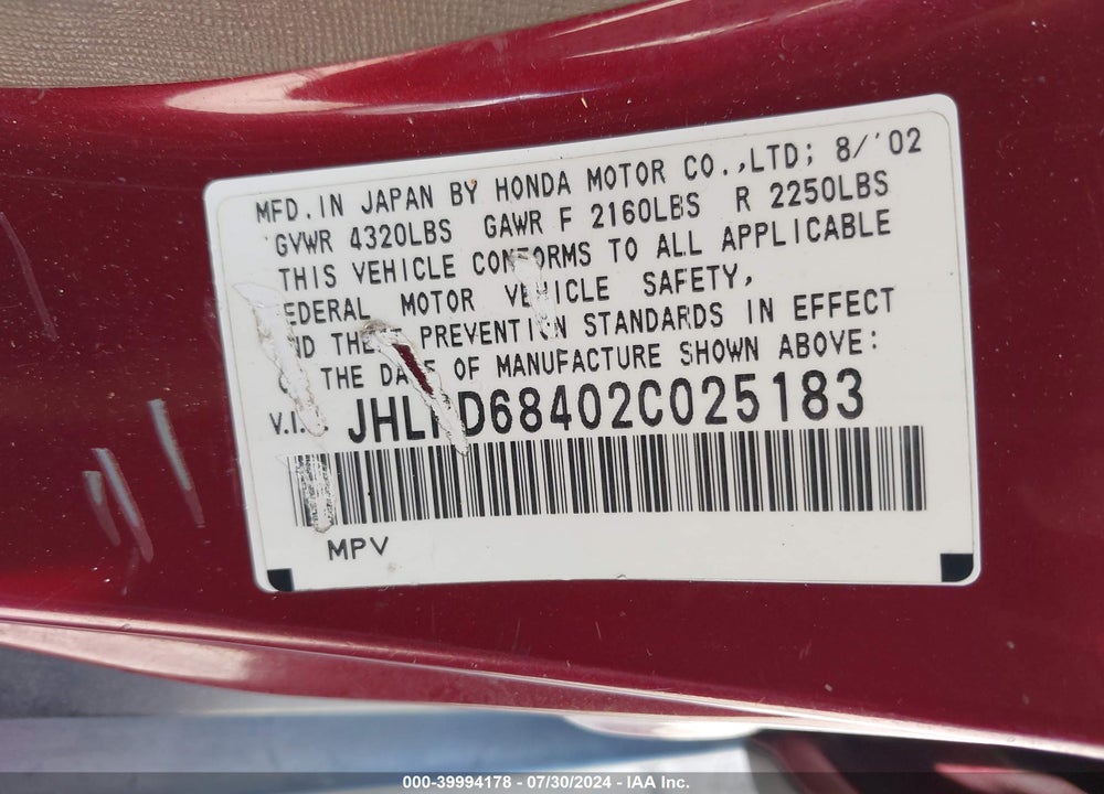2002 HONDA CR-V LX VIN: JHLRD68402C025183