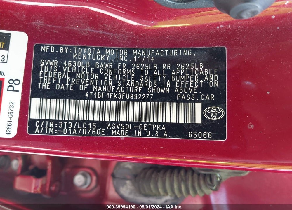 2015 TOYOTA CAMRY VIN: 4T1BF1FK3FU892277