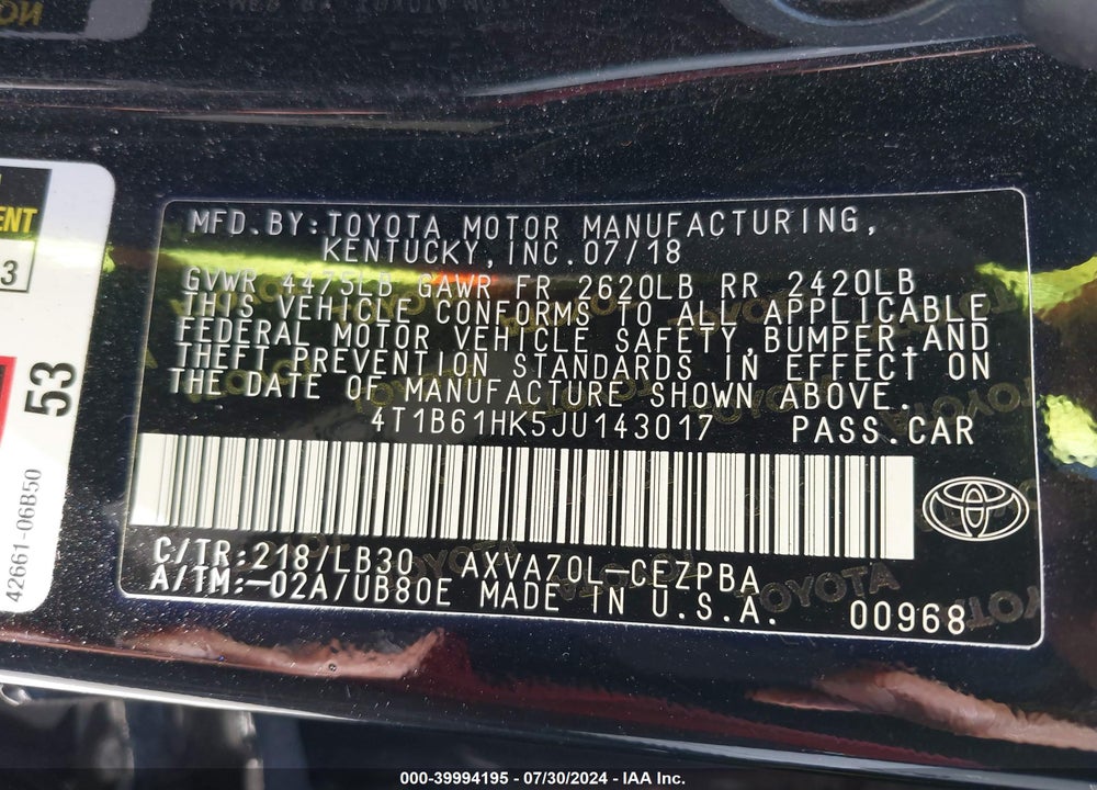 2018 TOYOTA CAMRY XSE VIN: 4T1B61HK5JU143017