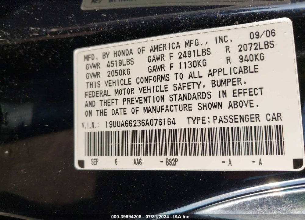 2006 ACURA TL VIN: 19UUA66236A076164