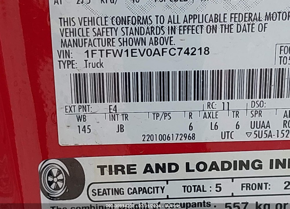 2010 FORD F-150 FX4/HARLEY-DAVIDSON/KING RANCH/LARIAT/PLATINUM/XL/XLT VIN: 1FTFW1EV0AFC74218