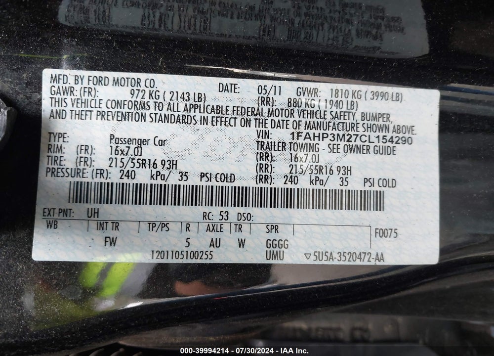 2012 FORD FOCUS SEL VIN: 1FAHP3M27CL154290