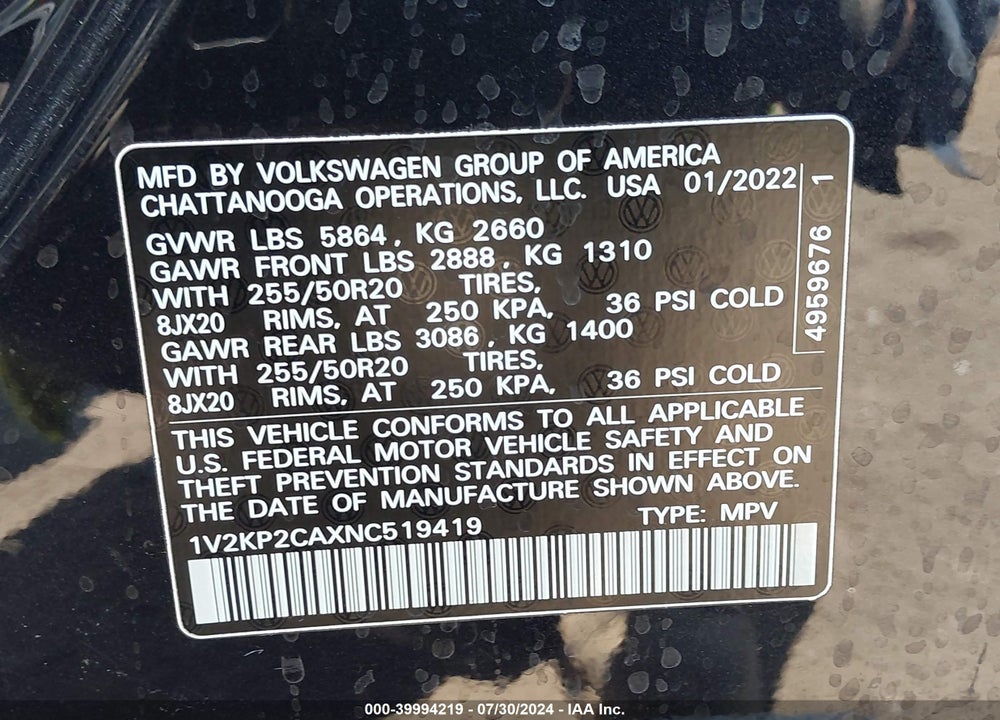 2022 VOLKSWAGEN ATLAS 2.0T SE W/TECHNOLOGY VIN: 1V2KP2CAXNC519419