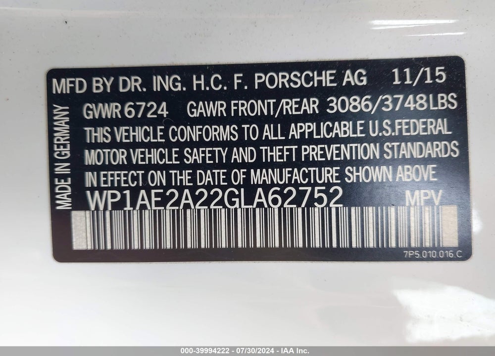 2016 PORSCHE CAYENNE E-HYBRID S VIN: WP1AE2A22GLA62752