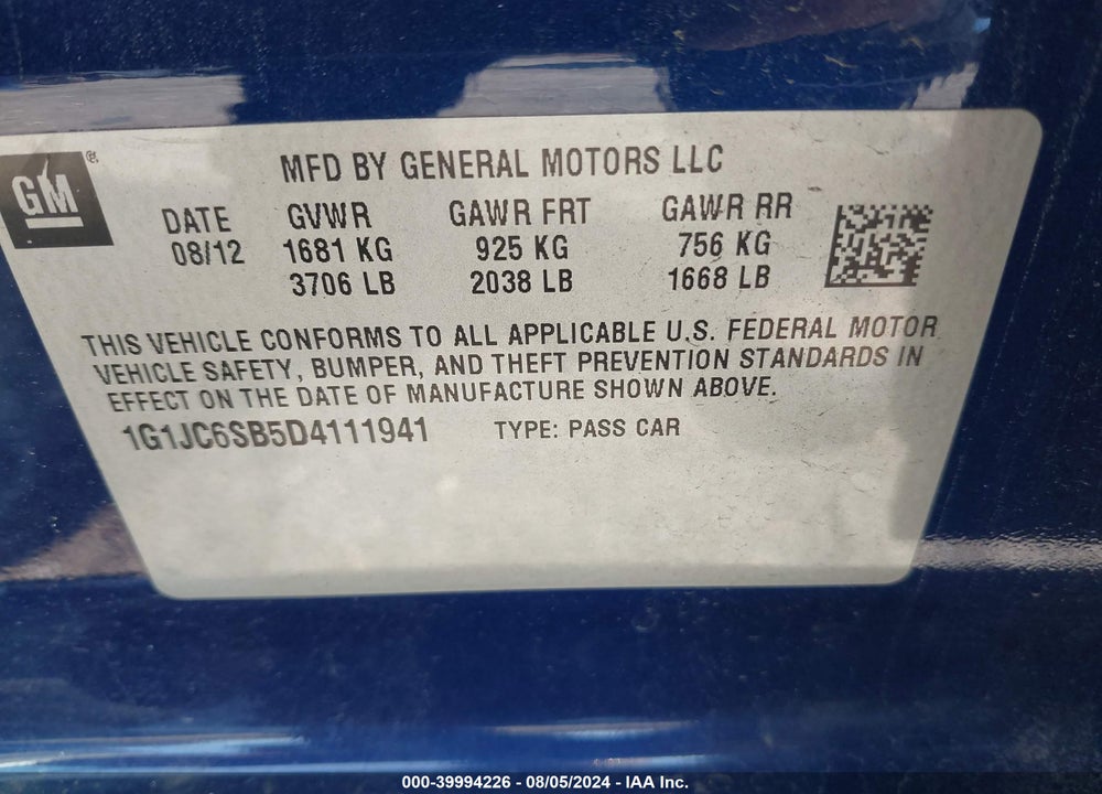 2013 CHEVROLET SONIC LT AUTO VIN: 1G1JC6SB5D4111941