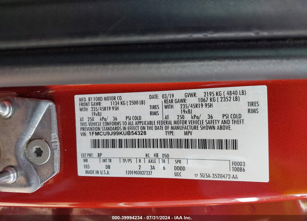 2019 FORD ESCAPE TITANIUM VIN: 1FMCU9J99KUB54328