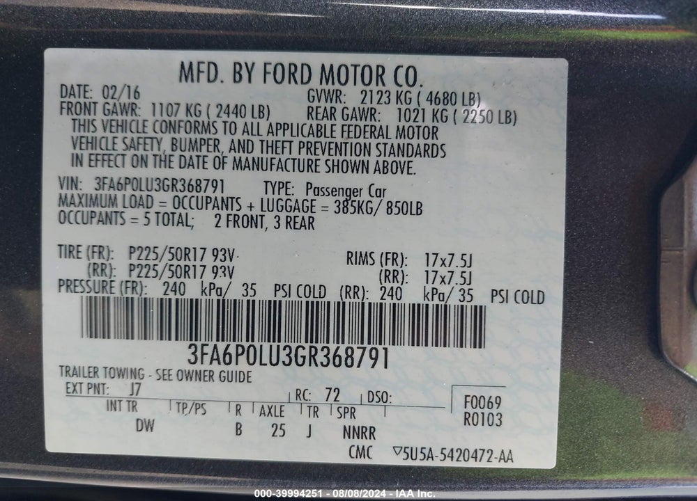 2016 FORD FUSION HYBRID SE VIN: 3FA6P0LU3GR368791