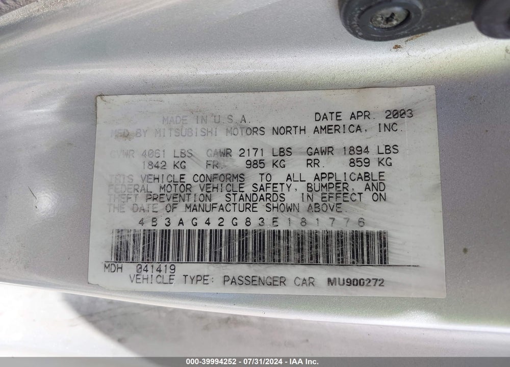 2003 DODGE STRATUS SE VIN: 4B3AG42G83E181776