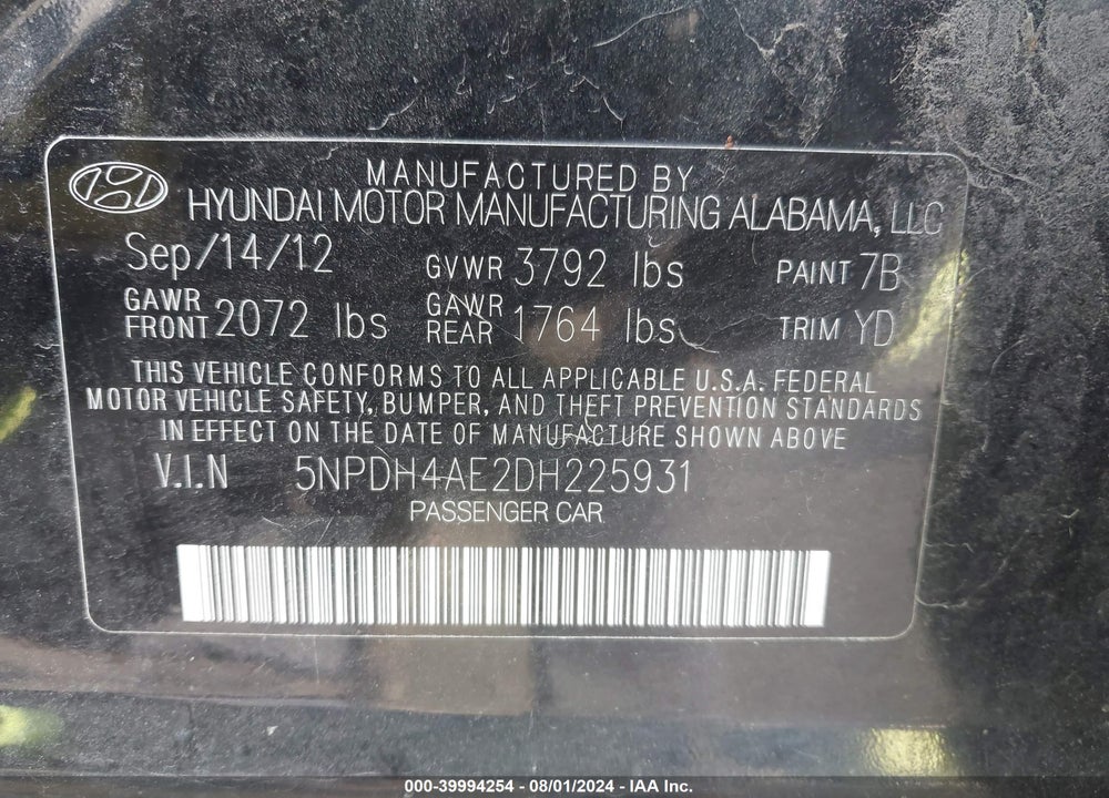 2013 HYUNDAI ELANTRA GLS VIN: 5NPDH4AE2DH225931