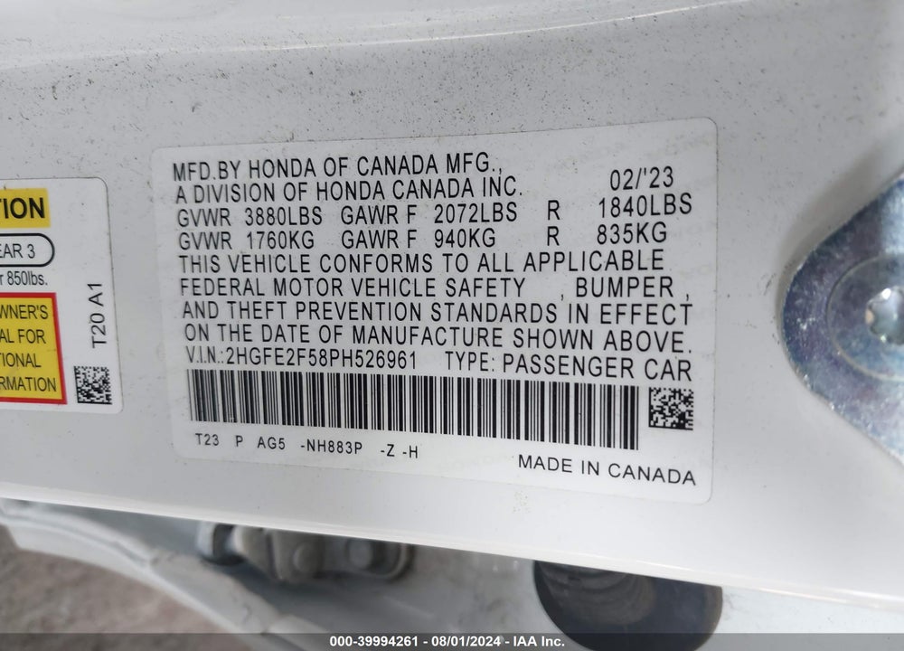 2023 HONDA CIVIC SPORT VIN: 2HGFE2F58PH526961