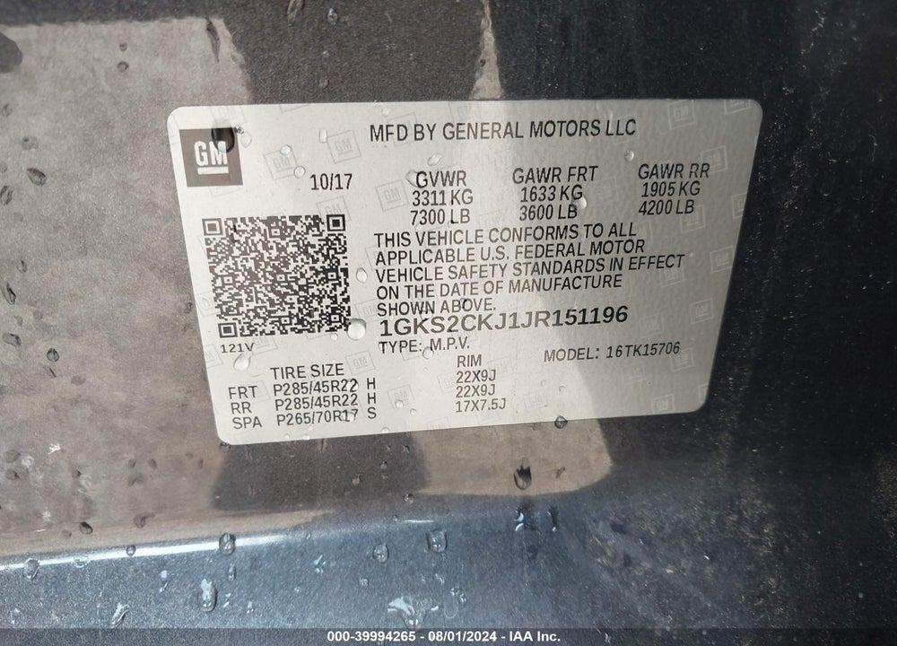 2018 GMC YUKON DENALI VIN: 1GKS2CKJ1JR151196