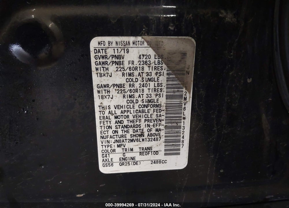2020 NISSAN ROGUE SV INTELLIGENT AWD VIN: JN8AT2MV6LW132487