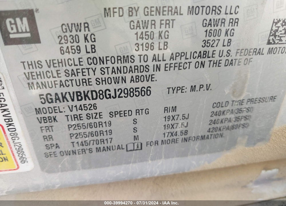 2016 BUICK ENCLAVE LEATHER VIN: 5GAKVBKD8GJ298566
