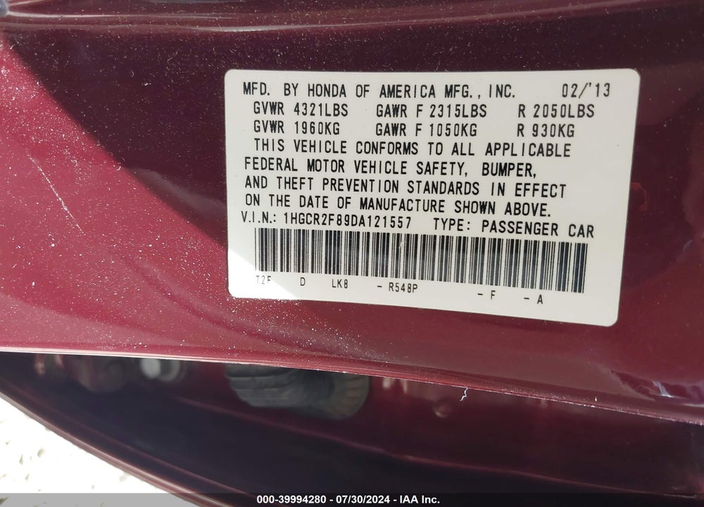 2013 HONDA ACCORD EX-L VIN: 1HGCR2F89DA121557