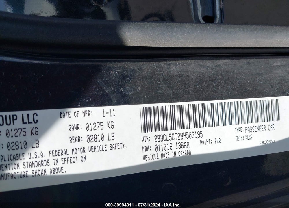 2011 DODGE CHARGER R/T VIN: 2B3CL5CT2BH503195