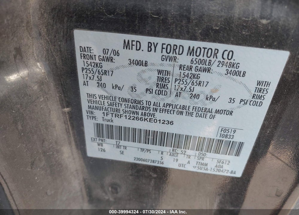 2006 FORD F-150 STX/XL/XLT VIN: 1FTRF12266KE01236