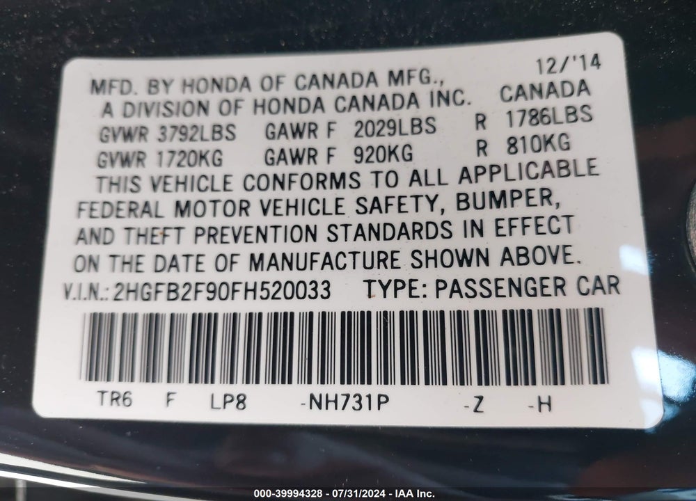 2015 HONDA CIVIC EX-L VIN: 2HGFB2F90FH520033