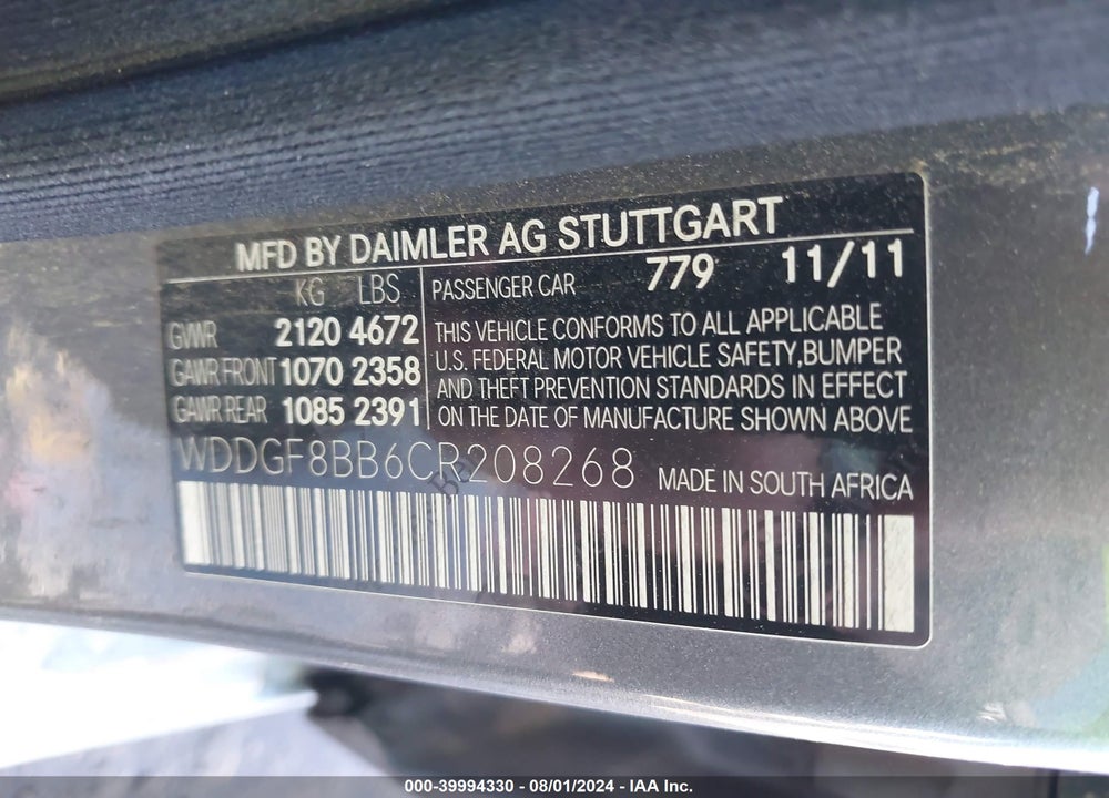 2012 MERCEDES-BENZ C 300 LUXURY 4MATIC/SPORT 4MATIC VIN: WDDGF8BB6CR208268