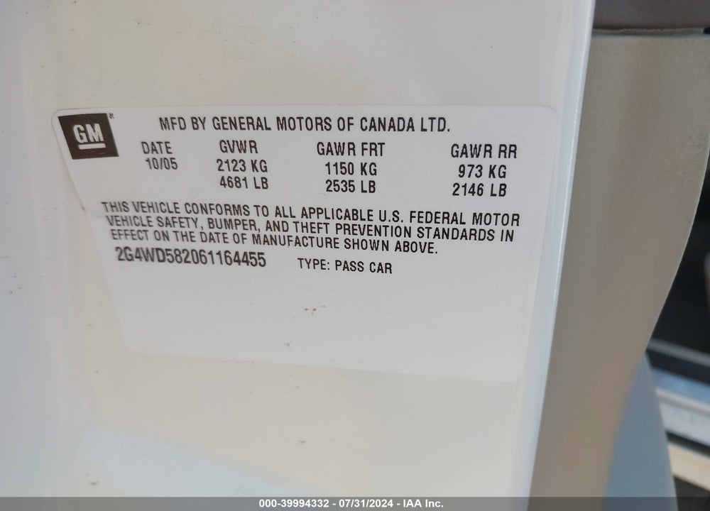 2006 BUICK LACROSSE CXL VIN: 2G4WD582061164455