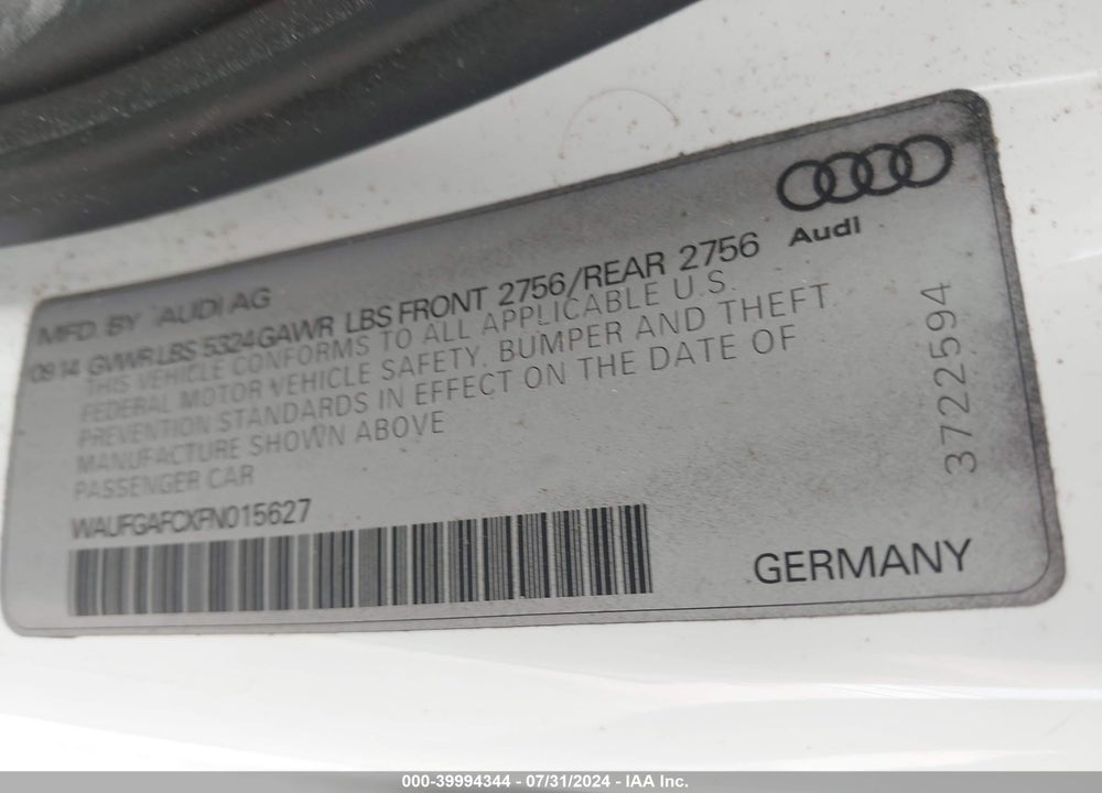 2015 AUDI A6 3.0T PREMIUM PLUS VIN: WAUFGAFCXFN015627