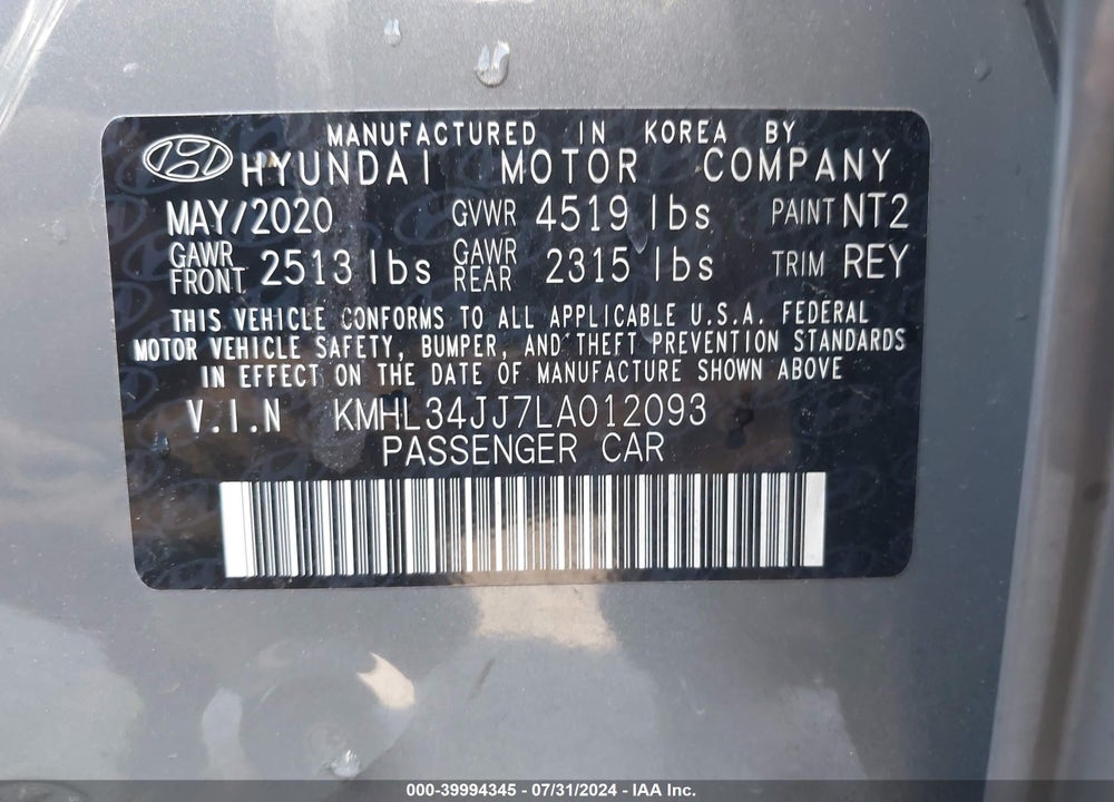 2020 HYUNDAI SONATA HYBRID SEL VIN: KMHL34JJ7LA012093