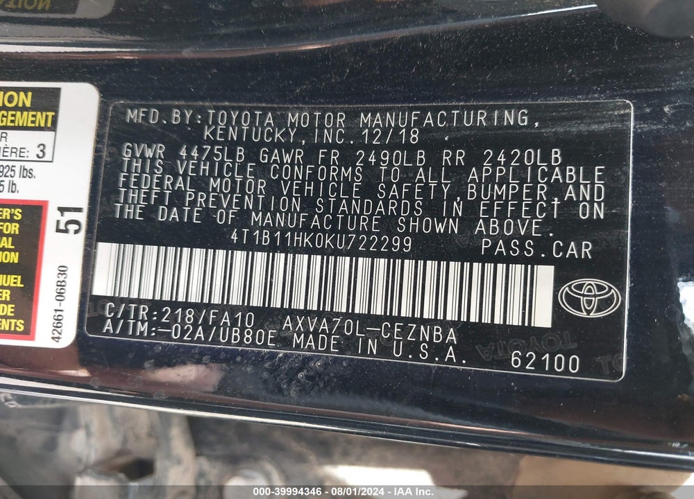 2019 TOYOTA CAMRY LE VIN: 4T1B11HK0KU722299