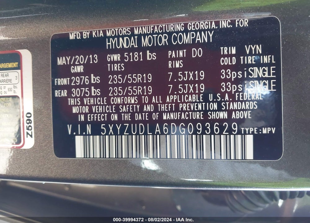 2013 HYUNDAI SANTA FE SPORT 2.0T VIN: 5XYZUDLA6DG093629