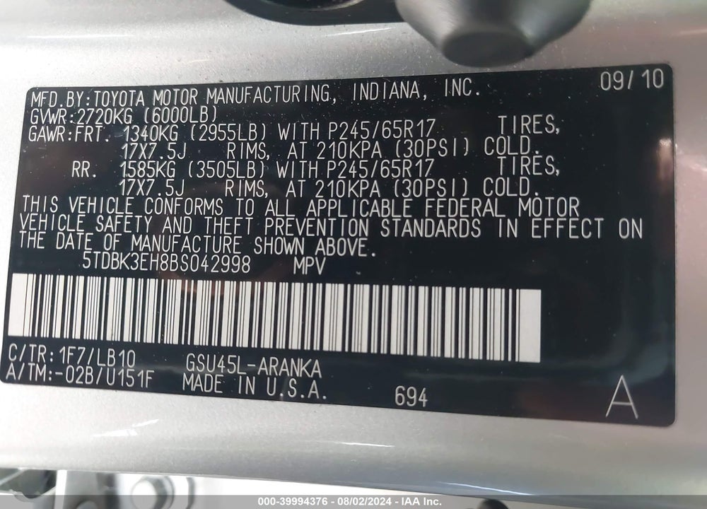 2011 TOYOTA HIGHLANDER SE V6 VIN: 5TDBK3EH8BS042998