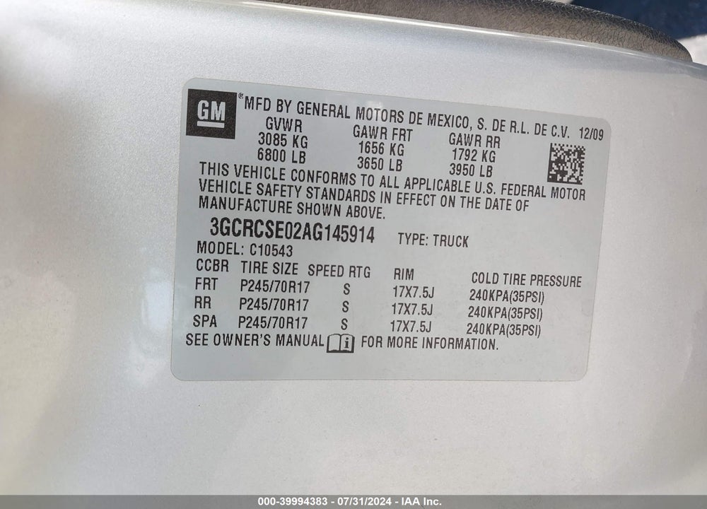 2010 CHEVROLET SILVERADO 1500 LT VIN: 3GCRCSE02AG145914
