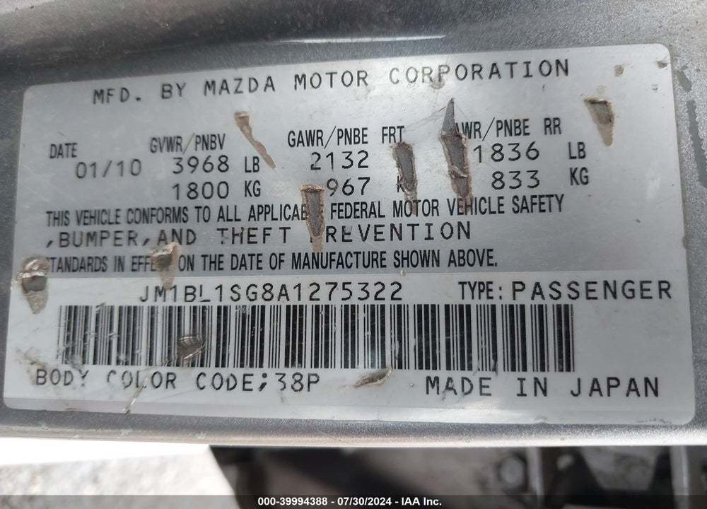 2010 MAZDA 3 I SPORT VIN: JM1BL1SG8A1275322