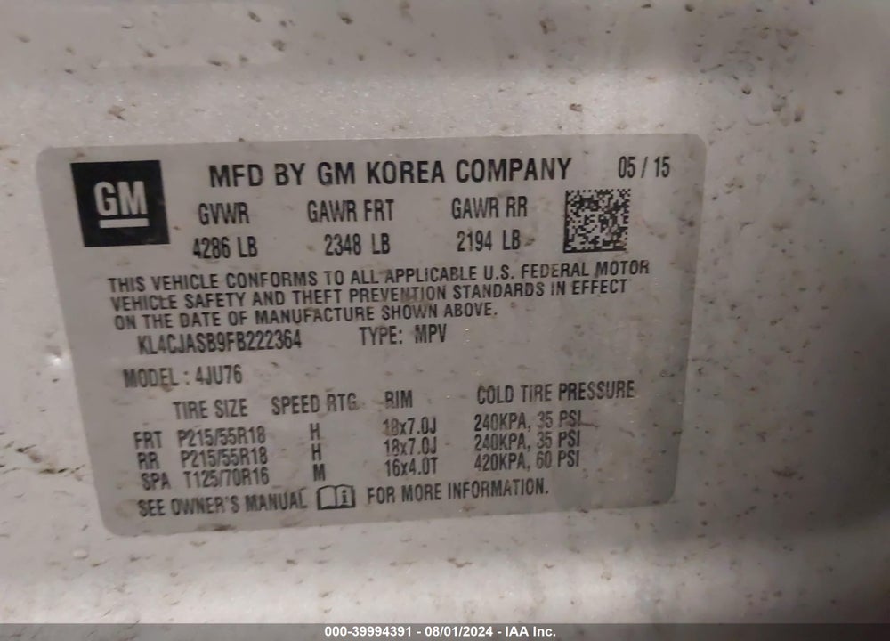 2015 BUICK ENCORE VIN: KL4CJASB9FB222364