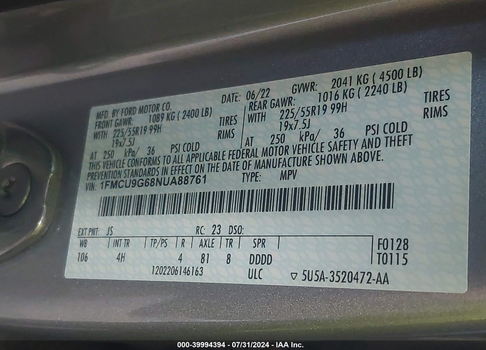 2022 FORD ESCAPE SE VIN: 1FMCU9G68NUA88761