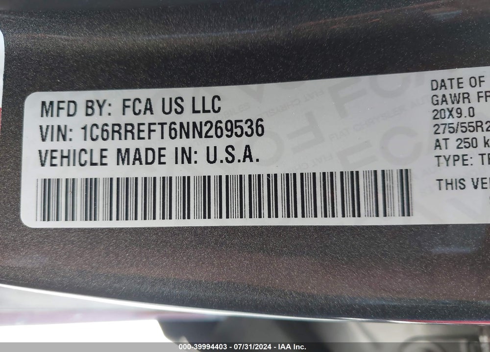 2022 RAM 1500 LONE STAR 4X2 5'7 BOX VIN: 1C6RREFT6NN269536