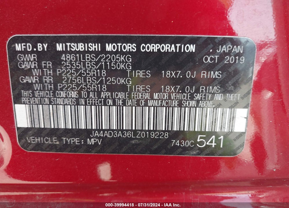 2020 MITSUBISHI OUTLANDER SEL 2.4 VIN: JA4AD3A36LZ019228