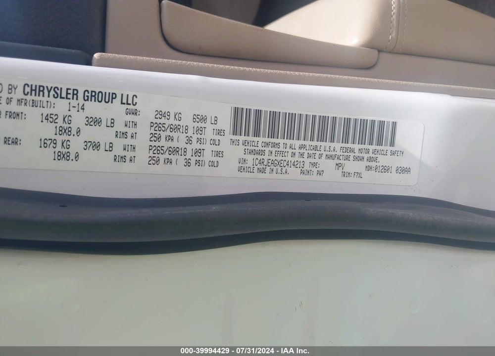 2014 JEEP GRAND CHEROKEE LAREDO VIN: 1C4RJEAGXEC414213
