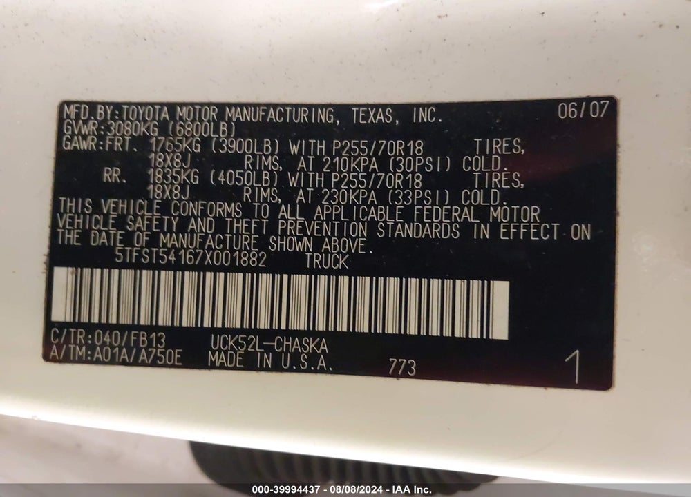 2007 TOYOTA TUNDRA SR5 4.7L V8 VIN: 5TFST54167X001882